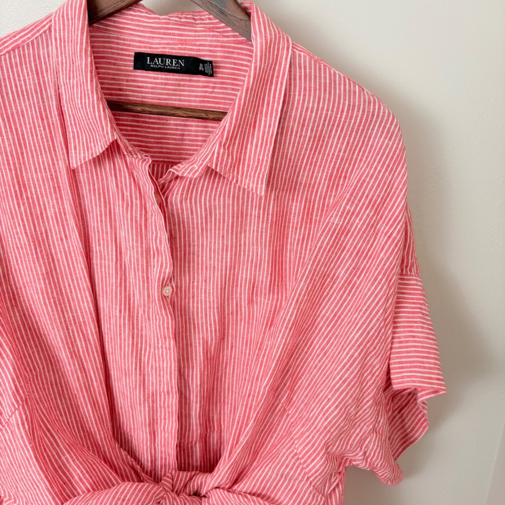 Lauren Ralph Lauren Linen Striped Shirt Womens 3X Pink Red Cool Light Resort - Picture 3 of 8